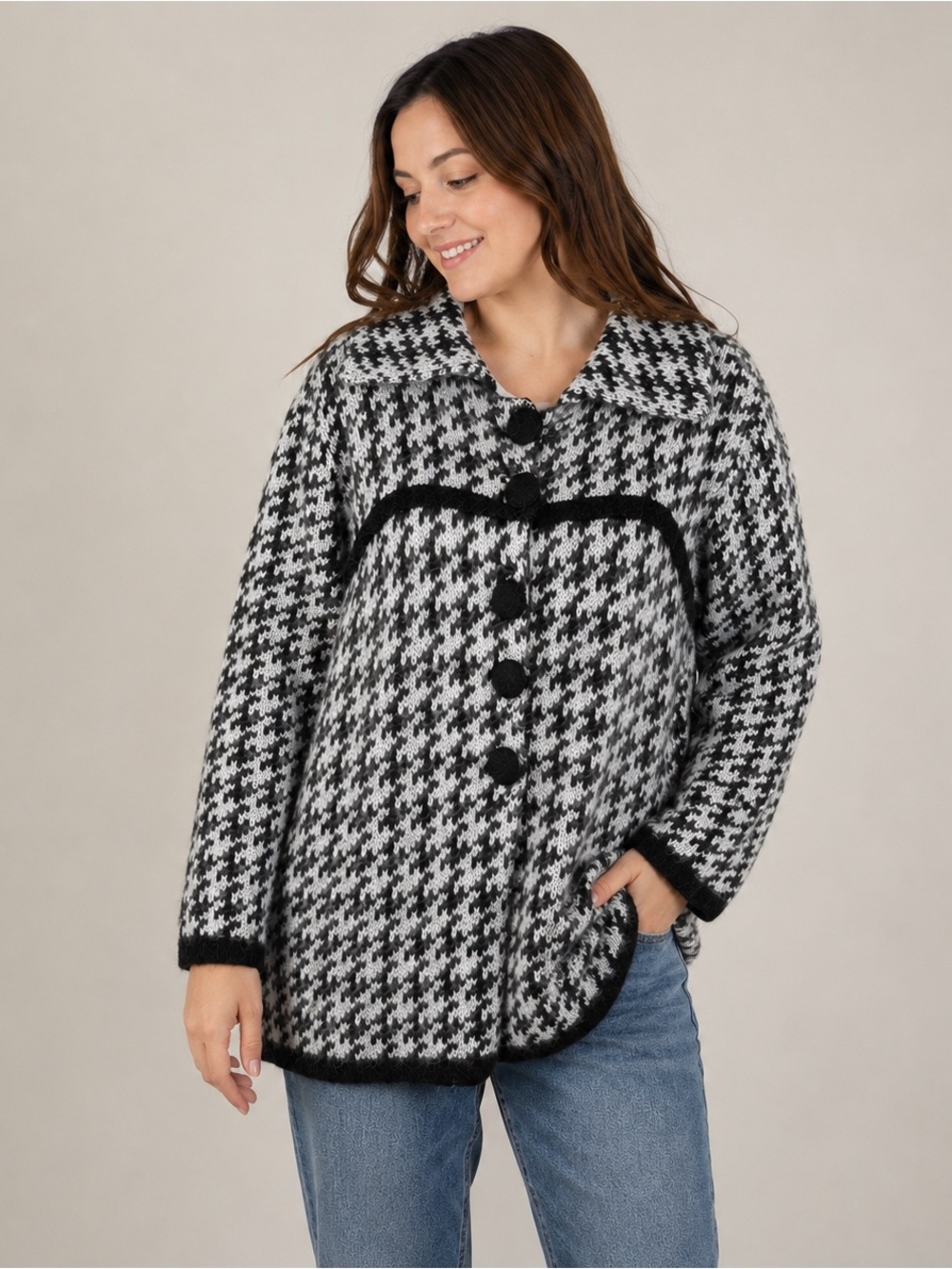 Carducci Houndstooth Knit Coat‎ Womens Large Wool Blend Long Sweater Jacket